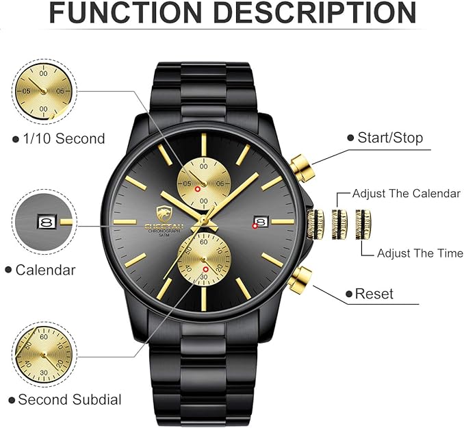 GOLDEN HOUR Fashion Business Mens Watches with Stainless Steel Waterproof Chronograph Quartz Watch for Men, Auto Date