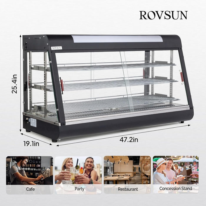 ROVSUN 48" Food Warmer Pizza Warmer Countertop, 3-Tier Food Warmer Display Pretzel Warmer w/LED Adjustable Removable Shelves Front & Rear Doors, Pastry Display Case for Buffet Restaurant, 1800W