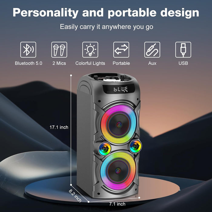 Karaoke Machine with 2 Wireless Microphones, Portable PA System Big Bluetooth Speaker with LED Lights, Remote Control Support Bass/Treble Adjustment, TF Card/USB, REC for Adult Kids Home Party