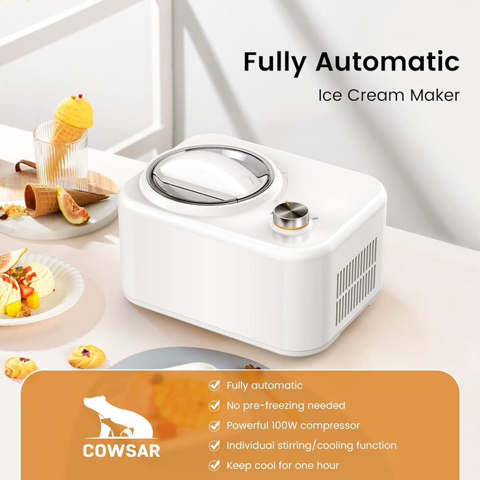 COWSAR 1 Quart Ice Cream Maker Machine with Built-in Compressor, Fully Automatic, No Pre-freezing, 1 Hour Keep-cooling, Easy to Clean