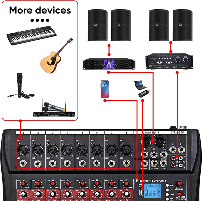 FULODE CT-80S Professional audio mixer 8 Channel with MP3 Player+Bluetooth U disk 48V Phantom Power Source USB recording