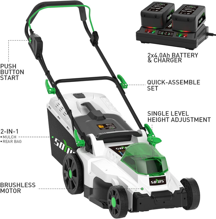 SOYUS Electric Lawn Mower Cordless, 40V 15 Inch Battery Powered Push Lawn Mower with Brushless Motor, 6-Postion Height Adjustment, 2x4.0Ah Batteries & Charger Included