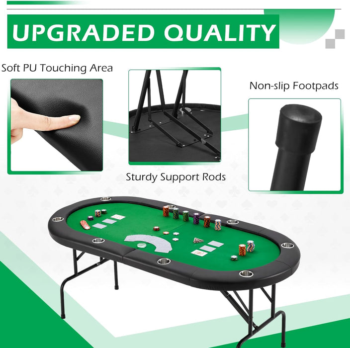 ECOTOUGE Poker Table Foldable, 8 Players Gaming Table w/Stainless Cup Holder & Portable Storage Bag, Folding Oval Blackjack Table for Texas Casino Leisure Game, No Assembly Required, Green