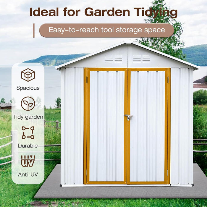 6' × 4' Metal Outdoor Storage Shed with Door & Lock, Waterproof Garde Storage Tool Shed with Base Frame for Backyard Patio,White-Bright Yellow