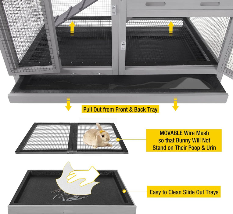 Aivituvin Wooden Bunny Hutch Indoor- Outdoor Rabbit Guinea Pig Cage for Small Animals with Exclusive Two Trays & Bottom Wire Mesh (Grey)