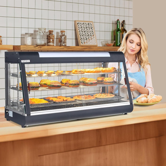 ROVSUN 48" Food Warmer Pizza Warmer Countertop, 3-Tier Food Warmer Display Pretzel Warmer w/LED Adjustable Removable Shelves Front & Rear Doors, Pastry Display Case for Buffet Restaurant, 1800W