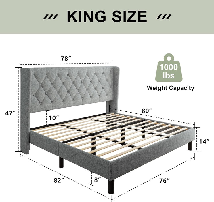 Feonase King Size Bed Frame with Wingback, Upholstered Platform Bed with Diamond Tufted Headboard, Heavy Duty Bed Frame, Wood Slat, Easy Assembly,...