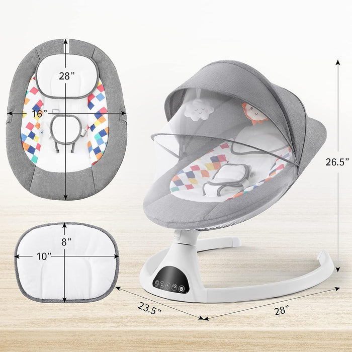 Jaoul Electric Portable Baby Swing for Infants, Newborn, Bluetooth Touch Screen/Remote Control Timing Function 5 Swing Speeds Aluminum Baby Rocker Chair with Music Speaker 5 Point Harness Gray