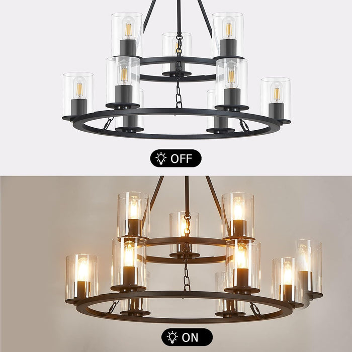 Wagon Wheel Chandelier, 9-Light Modern Round Dining Room Light Fixture, Farmhouse Black, 28.74in x 23.2in, for Bedroom Living Room Foyer Hallway Kitchen Indoor