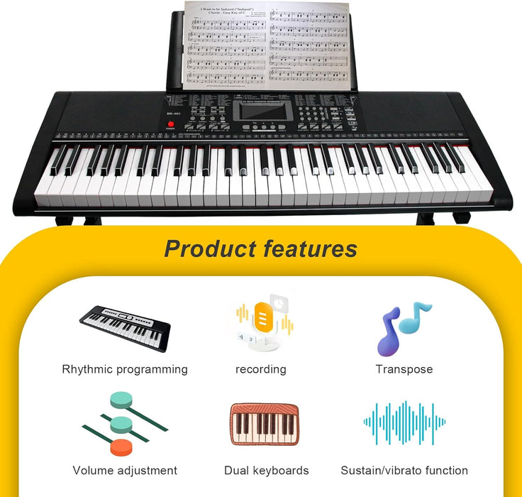 61 Key Keyboard Piano for Beginner Electric Keyboard Piano for Beginner/Professional with Stand Bench Headphones Piano Cover Bag Lighted Keyboard LED Screen Sheet Music Stand Microphone