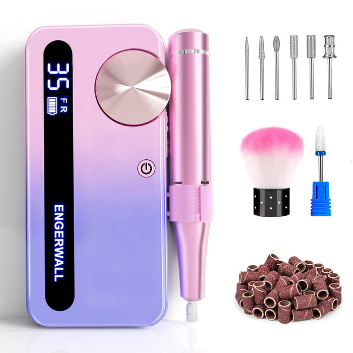 ENGERWALL Rechargeable Nail Drill 35000 RPM, Portable Cordless Electric Nail File Machine for Acrylic Nails Gel Polishing, Removing, with Dail Drill Bits Kit for Manicure Pedicure, Pink-Blue