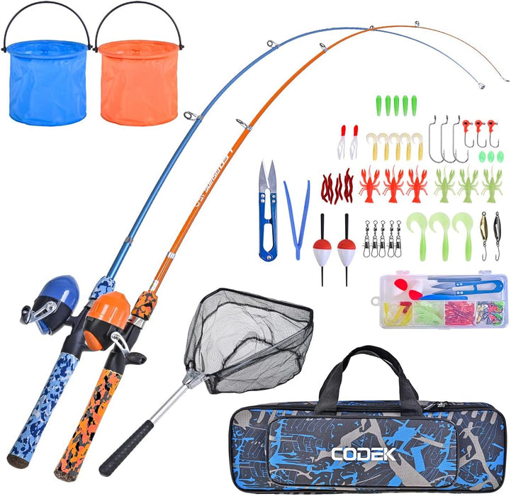 CODEK Kids Fishing Pole Set with Full Starter Kits 2 Set Portable Telescopic Fishing Rod and Spincast Reel Cambos with a Fishing Net and 2 Buckets for Boys Girls and Youth