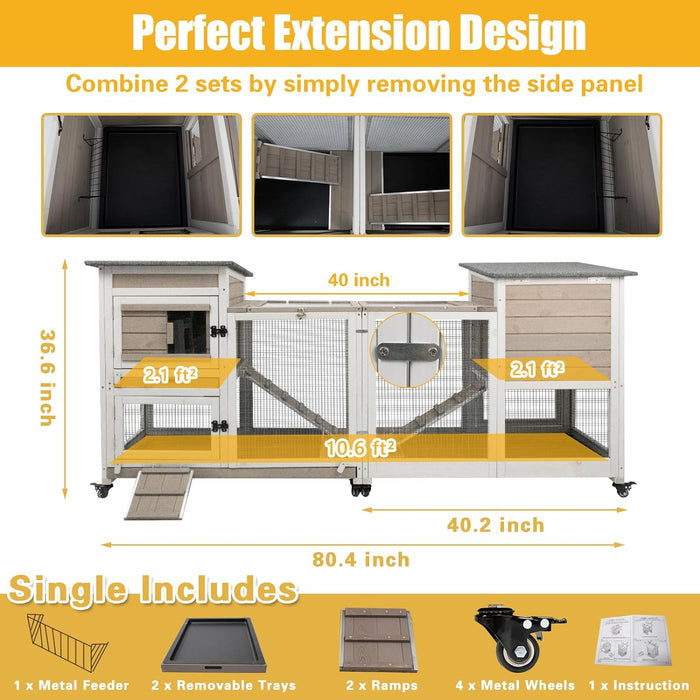 Gowoodhut 40"L Rabbit Hutch Indoor Wooden Large Bunny Hutch Outdoor 2 Story Rabbit Cage on 4 Metal Wheels with Run and 2 Deeper Pull Out Trays UV Panel