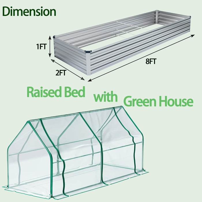 8x2x1FT Galvanized Raised Garden Bed with Greenhouse, Bottomless Flower Bed with Clear Cover, Outdoor Planter Box Kit with Dual 2-Tier Roll-Up Windows, Easy Venting & Watering