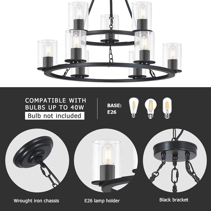 Wagon Wheel Chandelier, 9-Light Modern Round Dining Room Light Fixture, Farmhouse Black, 28.74in x 23.2in, for Bedroom Living Room Foyer Hallway Kitchen Indoor