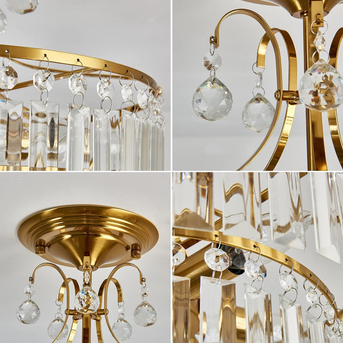 CVKASH 5 -Lights Crystal Gold Chandelier Fixture Modern Semi Flush Mount Ceiling Light with E12 Ceiling Lighting for Bedroom Living Room Kitchen Hallway Dining Room,D15.35 x H20.07