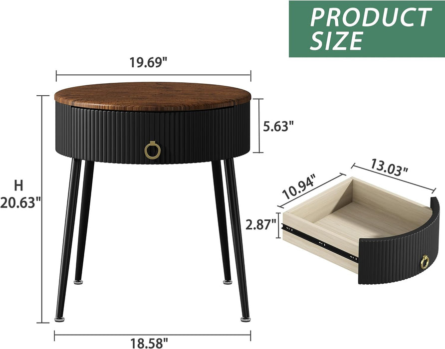 OIOG Side Tables Set of 2, Round Nightstand with Drawer, Modern Bedside End Tables for Small Space, Living Room, Bedroom, Office, Dorm, Rustic Brown and Black