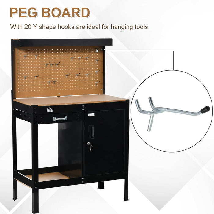 HOMCOM Multipurpose Workbench, Workshop Tool Table with Slide Drawer. Peg Board, Storage Cabinet with Keys