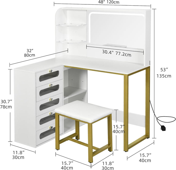 DWVO Makeup Vanity Desk with Lights and Mirror, 48" L Shaped Corner White Vanity Set with Stool, Adjustable 3 Lighting Mode, 5 Acrylic Visualized Drawer, Bedroom Large Dressing Table for Women