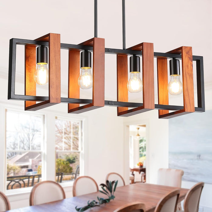 HUMHOLD 4-Light Kitchen Island Lights Pendant Light Farmhouse Dining Room Light Fixture, Rustic Wood and Black Metal Rectangular Chandelier, 32" Hanging