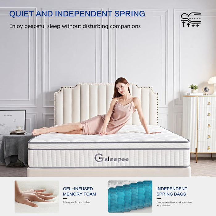 Gsleepee Queen Mattress, 10 Inch Size Gel Memory Foam Mattress, Individually Inner Spring Hybrid Mattresses, Medium Firm colchones in a Box, Pressure Relief