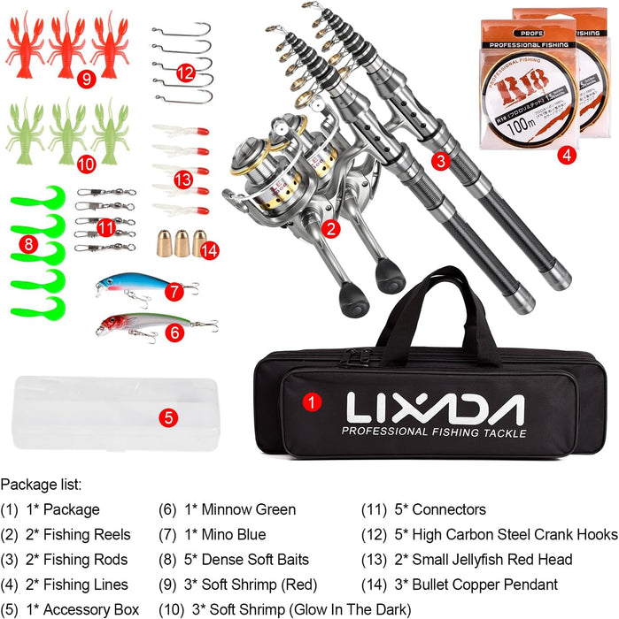 Lixada 2PCS Fishing Pole Combo Set 1.5/1.8/2.1/2.4m Rod Reel Telescopic Fishing Rod Carbon Fiber Spinning Reels Fishing Set with Hooks Soft Lures Barrel Swivels Storage Bag