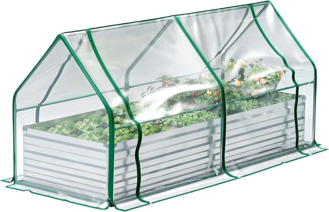 8x2x1FT Galvanized Raised Garden Bed with Greenhouse, Bottomless Flower Bed with Clear Cover, Outdoor Planter Box Kit with Dual 2-Tier Roll-Up Windows, Easy Venting & Watering