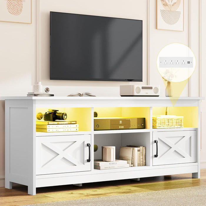 DWVO Farmhouse TV Stand for TVs Up to 65 Inch,, Modern Entertainment Centre with Power Outlet, TV Shelf with Storage Cabinet, Television Stands for Living Room, Media Console, 59" White