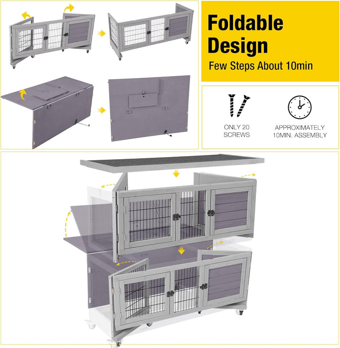 Aivituvin Rabbit Hutch Folding Bunny House Quickly Assemble Two Story Guinea Pig Cage with Trap Door, Movable, Foldable