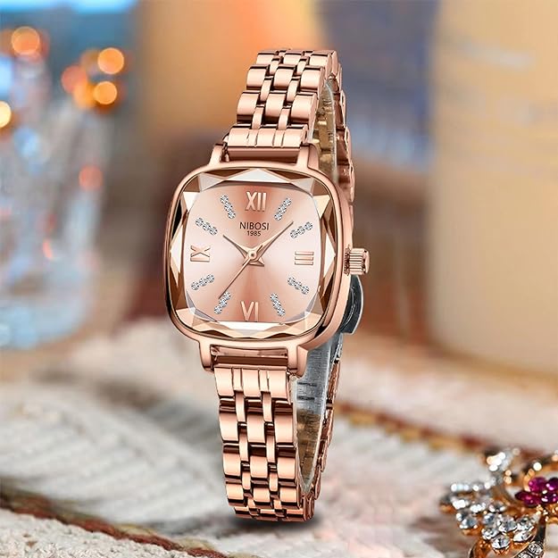 NIBOSI Women's Watches Analog Square Green Dial Watch for Women Stylish Diamond Rose Gold Dress Wrist Watch with Stainless Steel Strap