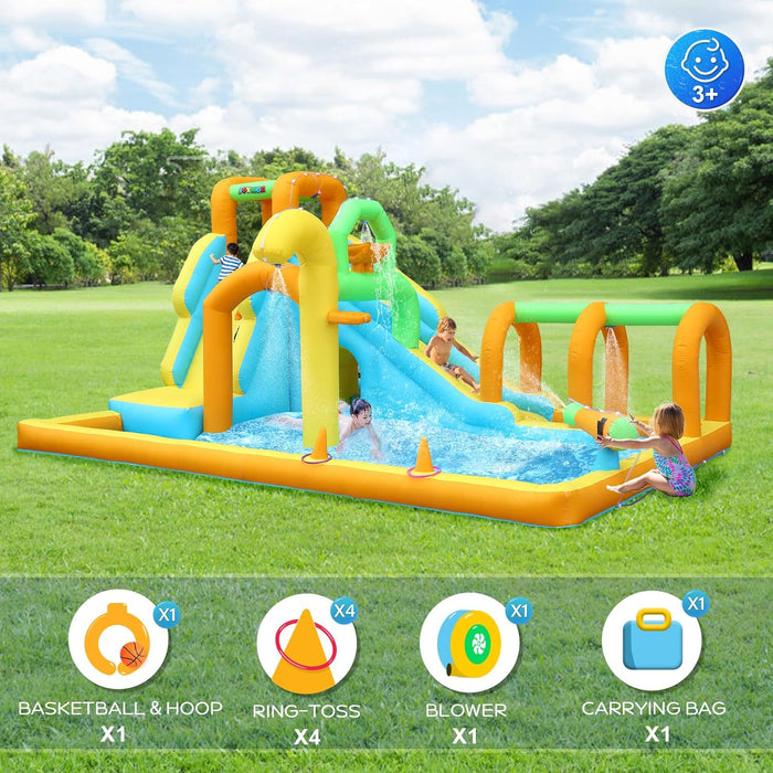 JOYMOR 10-in-1 Inflatable Water Slide w/Water Bucket, Climbing Wall, Tunnel, Water Cannon, Basketball Hoop, Kids Water Slide for Kids 3-10, Backyard Blow Up Water Slide (450w Air Blower)