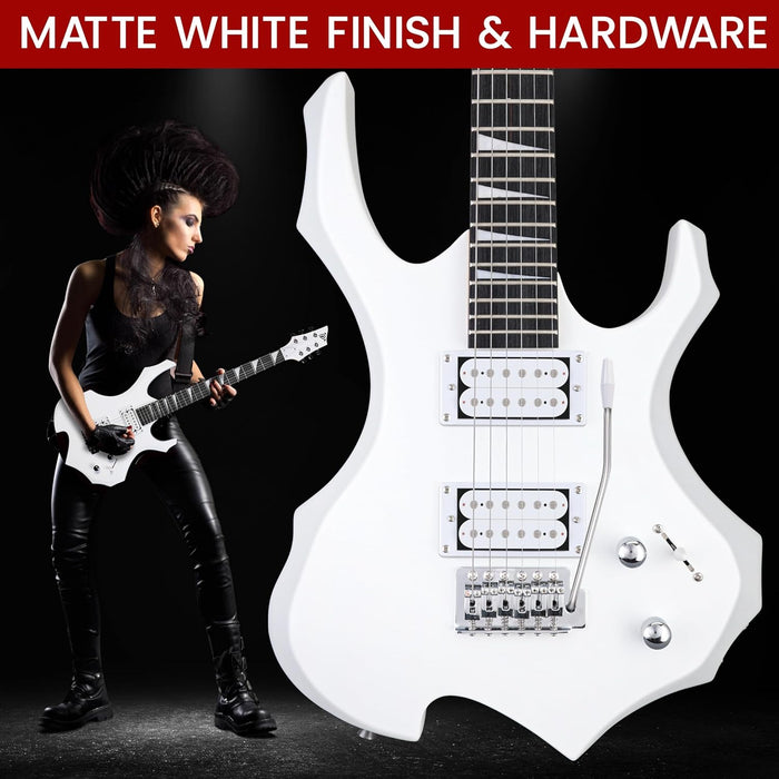 Pyle Heavy Metal EG Fire Electric Guitar Axe w/ Amplifier Kit, Full Size Instrument w/ Practice Amp & Accessories, White Matte