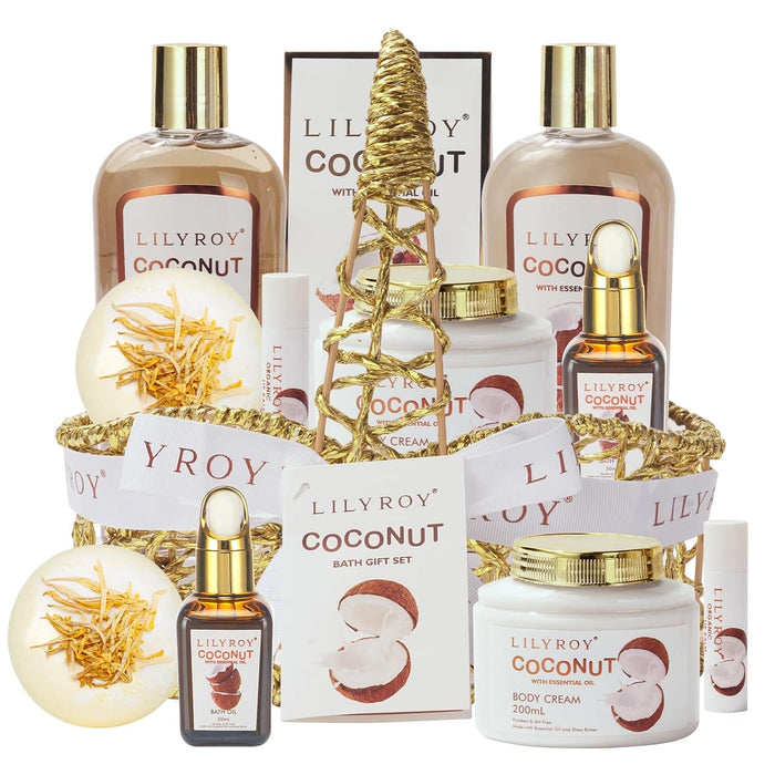LILY ROY 8Pcs Bath Spa Gift Set for Women and Men Coconut Bath and Body Spa Gift Baskets