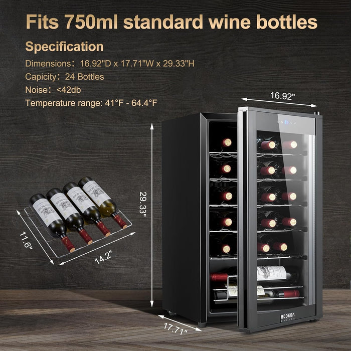 BODEGACOOLER 24 Bottle Compressor Wine Cooler, Freestanding Wine Cellar for Red, White or Champagne，Mini Fridge with 41-64.4°F Digital Temperature Control Glass Door