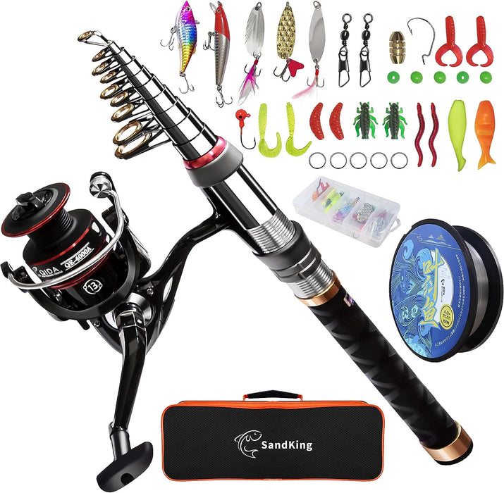 Ehowdin Fishing Pole Kit, Carbon Fiber Telescopic Fishing Rod and Reel Combo with Spinning Reel, Line, Bionic Bait, Hooks and Carrier Bag, Fishing Gear Set