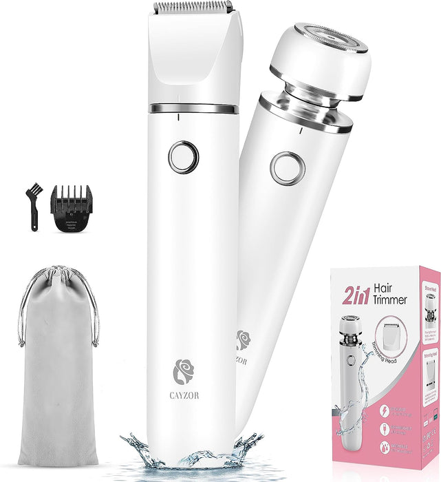 Bikini Trimmer and Shaver Kit for Women - 2-in-1 Wet/Dry Electric Body Hair Trimmer Facial Hair Removal Cordless Waterproof Bikini Shaver Razor for Face Lip Chin Pubic Underarm Legs (White)