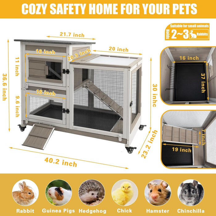 Gowoodhut 40"L Rabbit Hutch Indoor Wooden Large Bunny Hutch Outdoor 2 Story Rabbit Cage on 4 Metal Wheels with Run and 2 Deeper Pull Out Trays UV Panel