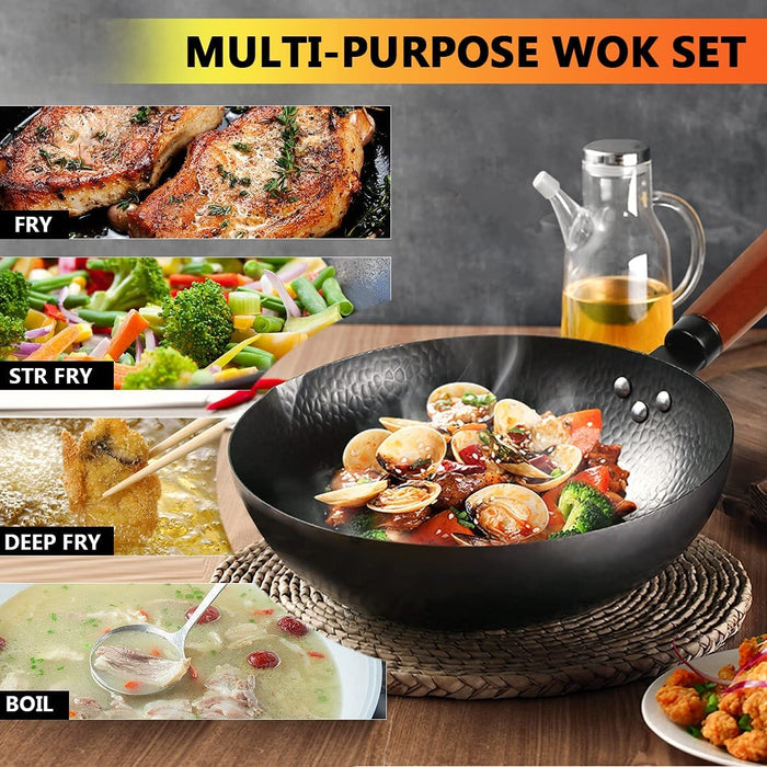 kaqinu Carbon Steel Wok Pan, 14 Piece Woks & Stir-Fry Pans Set