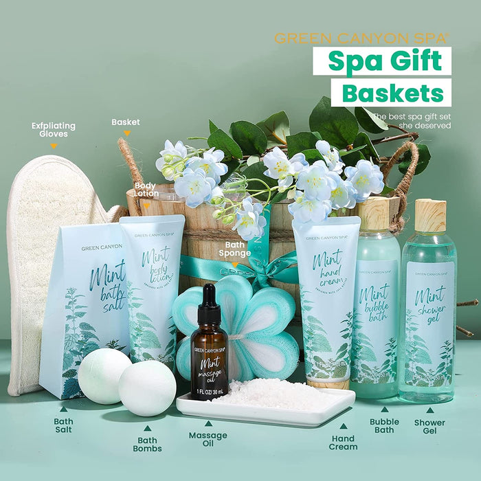 Gifts for Women, Mom, Wife, Mothers Day Spa Gifts Basket for Women, 11Pcs Bath Set with Mint Scented Spa Kits