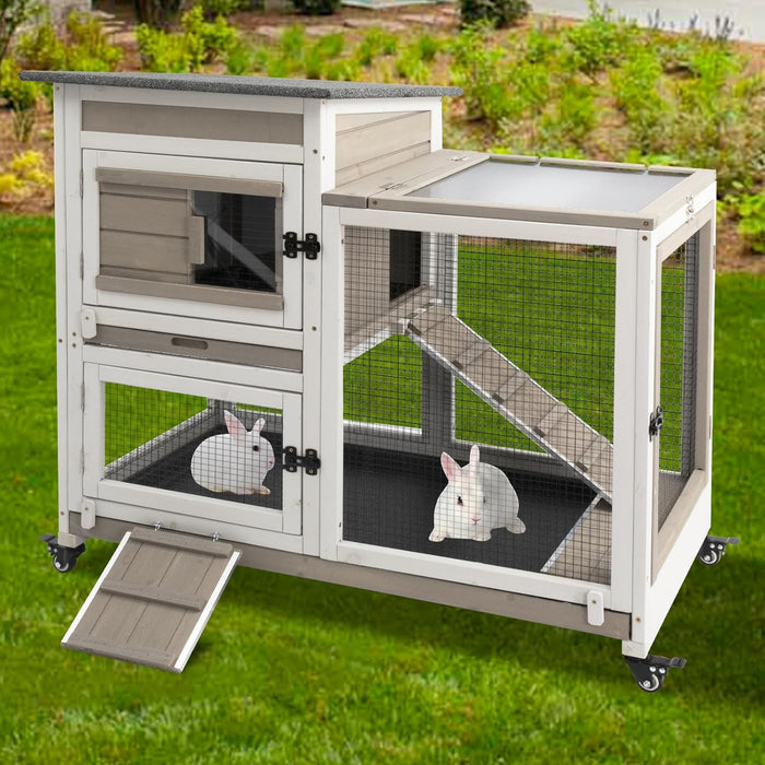 Gowoodhut 40"L Rabbit Hutch Indoor Wooden Large Bunny Hutch Outdoor 2 Story Rabbit Cage on 4 Metal Wheels with Run and 2 Deeper Pull Out Trays UV Panel