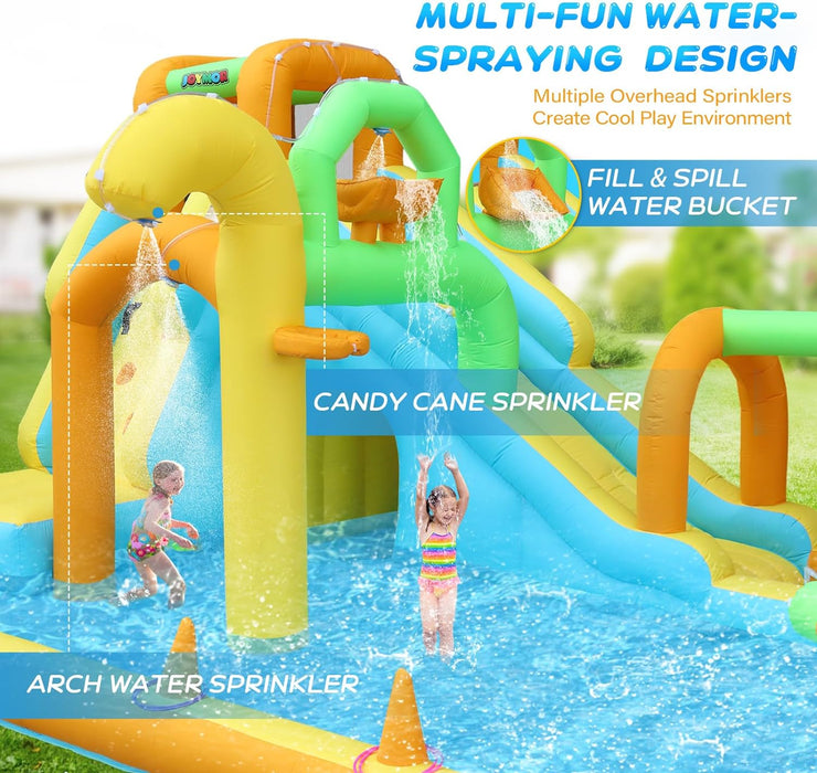 JOYMOR 10-in-1 Inflatable Water Slide w/Water Bucket, Climbing Wall, Tunnel, Water Cannon, Basketball Hoop, Kids Water Slide for Kids 3-10, Backyard Blow Up Water Slide (450w Air Blower)