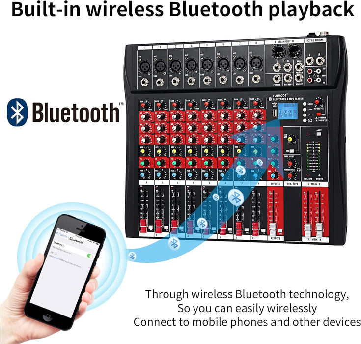 FULODE CT-80S Professional audio mixer 8 Channel with MP3 Player+Bluetooth U disk 48V Phantom Power Source USB recording