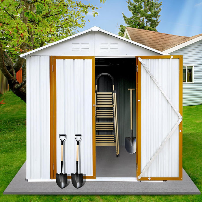 6' × 4' Metal Outdoor Storage Shed with Door & Lock, Waterproof Garde Storage Tool Shed with Base Frame for Backyard Patio,White-Bright Yellow