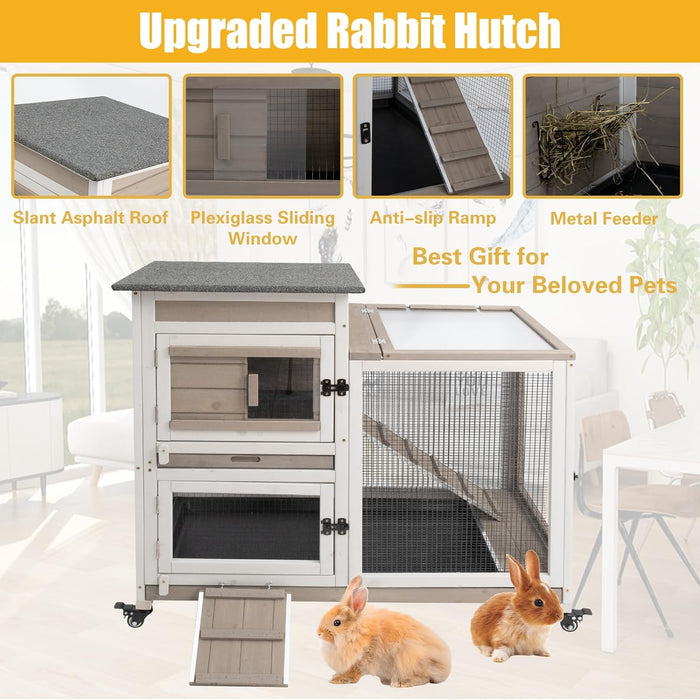 Gowoodhut 40"L Rabbit Hutch Indoor Wooden Large Bunny Hutch Outdoor 2 Story Rabbit Cage on 4 Metal Wheels with Run and 2 Deeper Pull Out Trays UV Panel