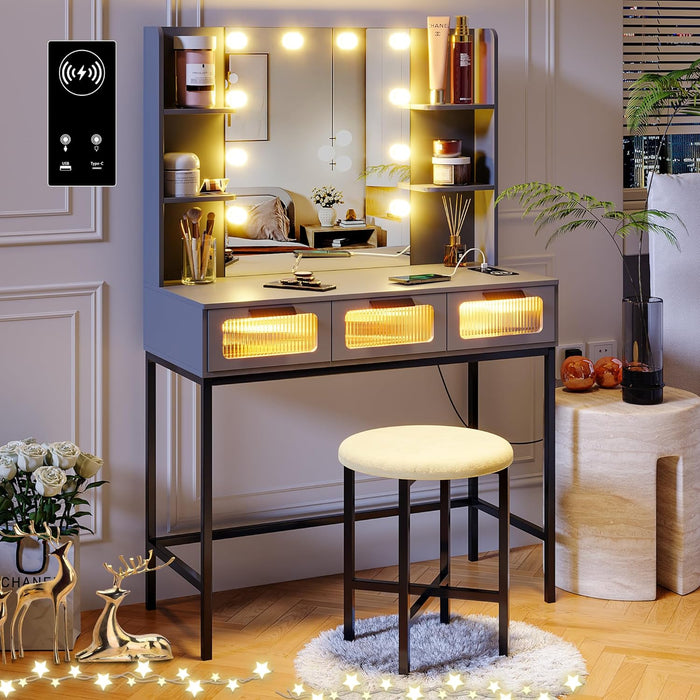 HNEBC Small Vanity with Lights, Makeup Vanity with Charging Station,LED Vanity Desk with Mirror and 10 Bulbs, Makeup Desk with 3 Drawers/Stool, with Senser Mode Dressing Table, Grey