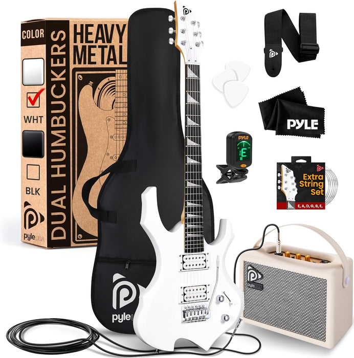 Pyle Heavy Metal EG Fire Electric Guitar Axe w/ Amplifier Kit, Full Size Instrument w/ Practice Amp & Accessories, White Matte