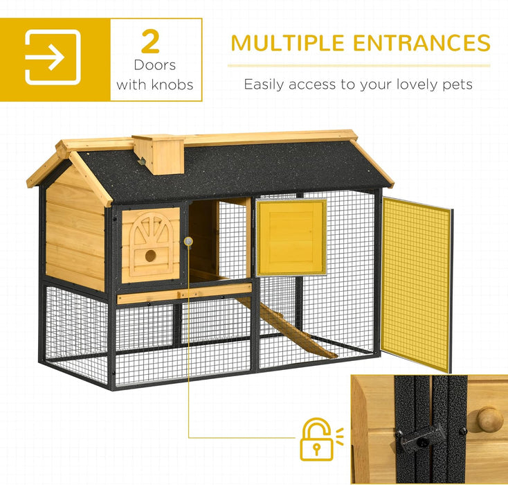 PawHut 47" Wooden Rabbit Hutch Outdoor with Run, Metal Frame, 2-Story Bunny Rabbit Cage with Removable Tray, Ramp, Bunny Hutch with Space-Saving Design