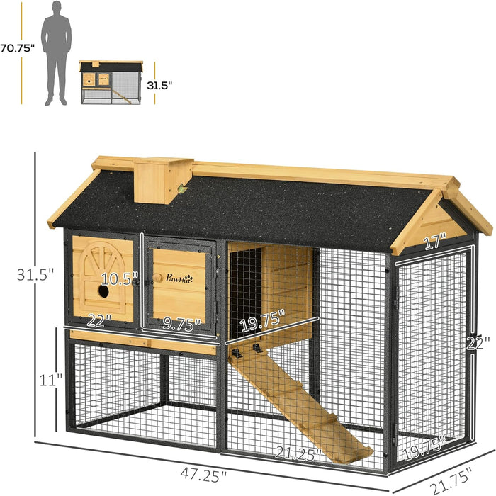 PawHut 47" Wooden Rabbit Hutch Outdoor with Run, Metal Frame, 2-Story Bunny Rabbit Cage with Removable Tray, Ramp, Bunny Hutch with Space-Saving Design