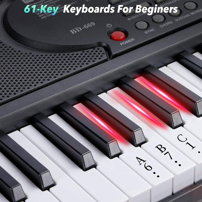 61 Keys Keyboard Piano for Beginners Electric Digital Piano with Light-Up Keys, Built-In Dual Speakers, LCD Screen, Stand, Foldable Bench, Microphone, Sheet Music Stand and Keyboard Sticker