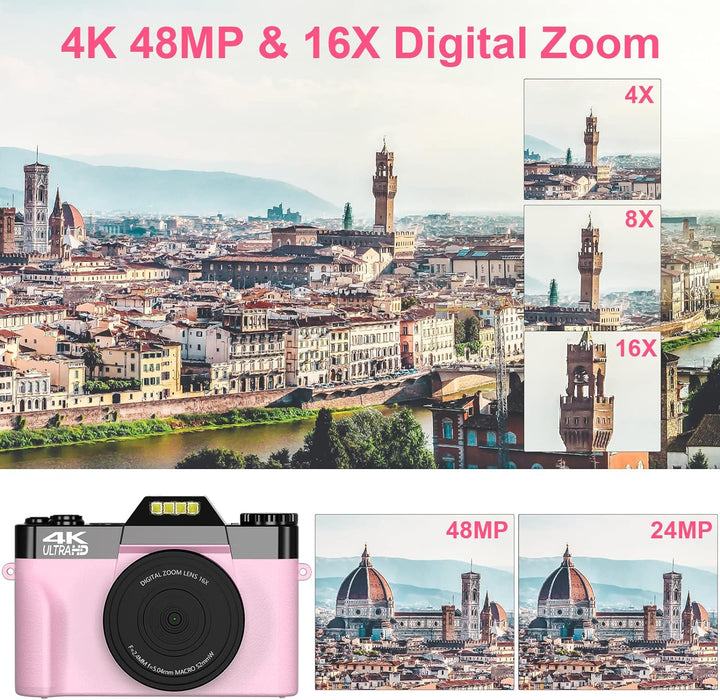 VETEK Digital Cameras for Photography, 4K 48MP Vlogging Camera 16X Digital Zoom Manual Focus Students Compact Camera with 52mm Wide-Angle Lens & Macro Lens, 32G Micro Card and 2 Batteries (Pink)